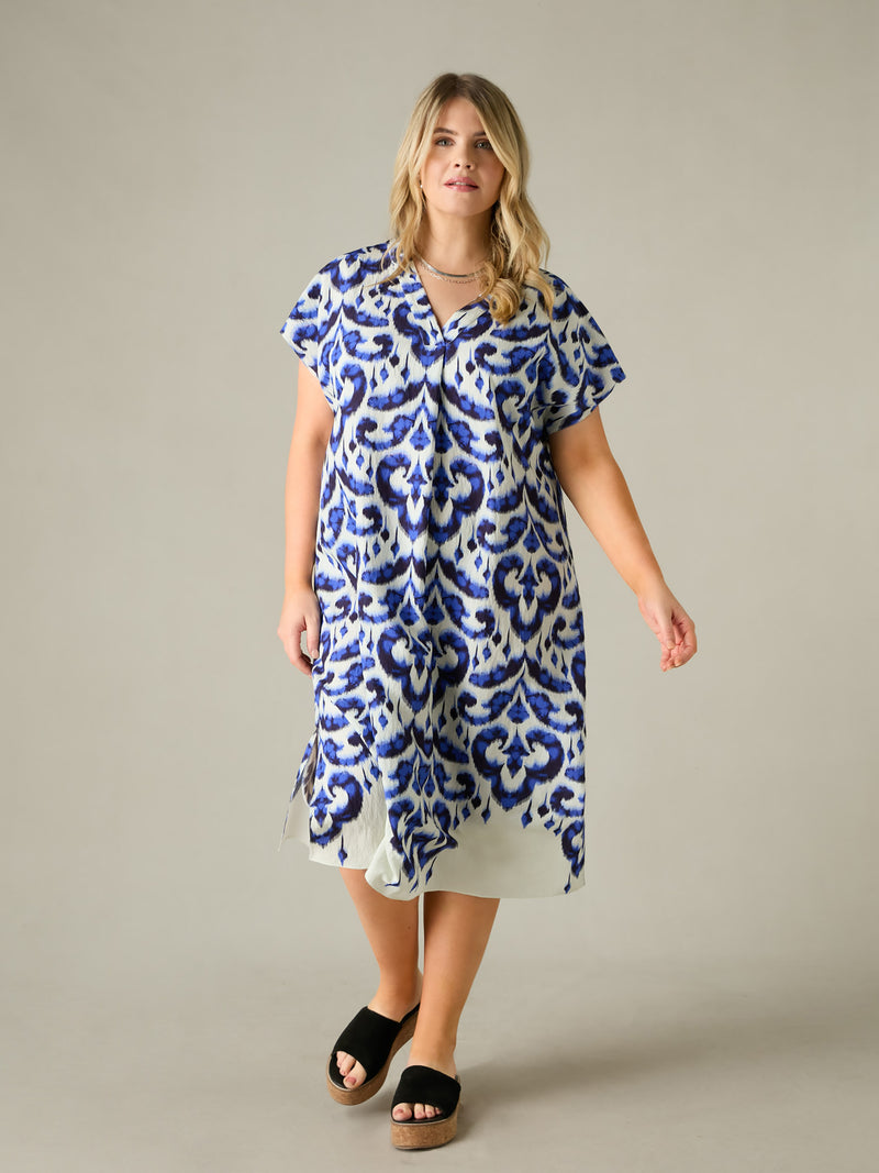 Blue Aztec Print Relaxed Midi Dress