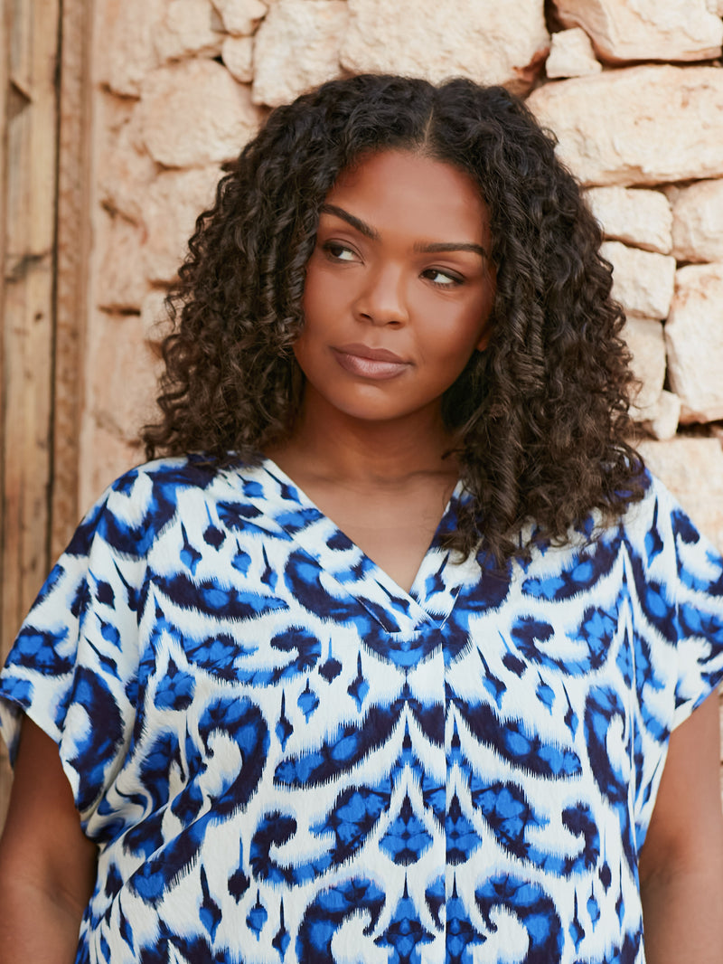 Blue Aztec Print Relaxed Midi Dress