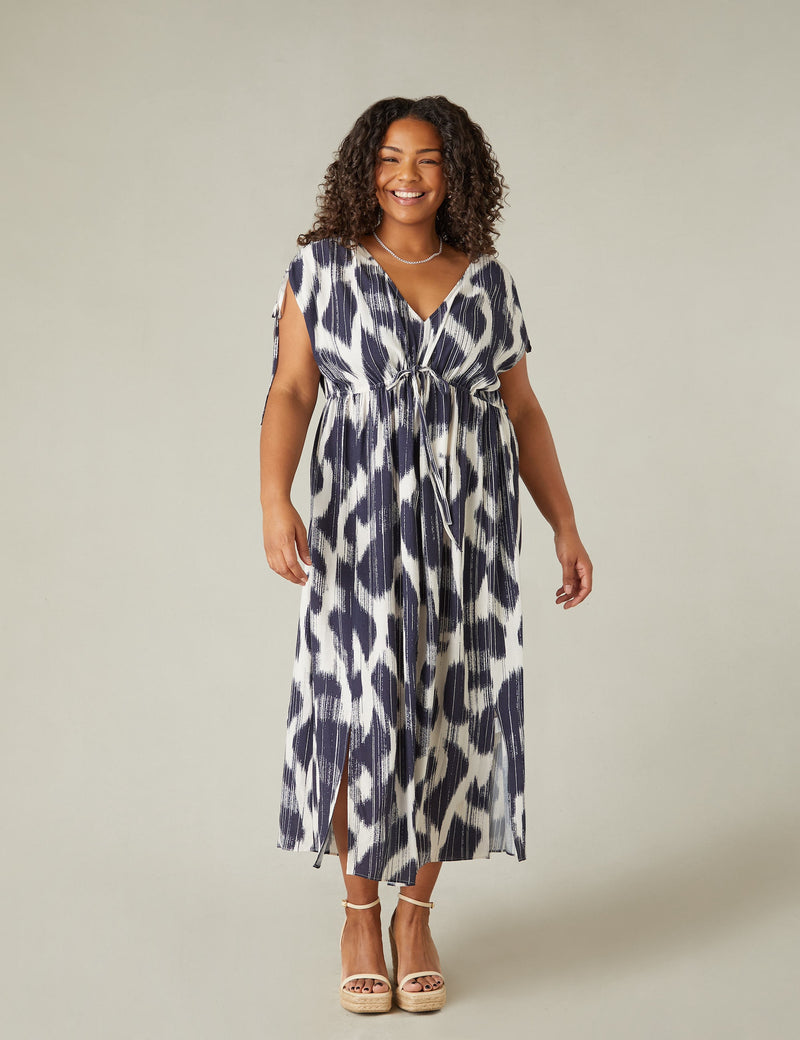 Navy Geo Print Drawstring Maxi Dress