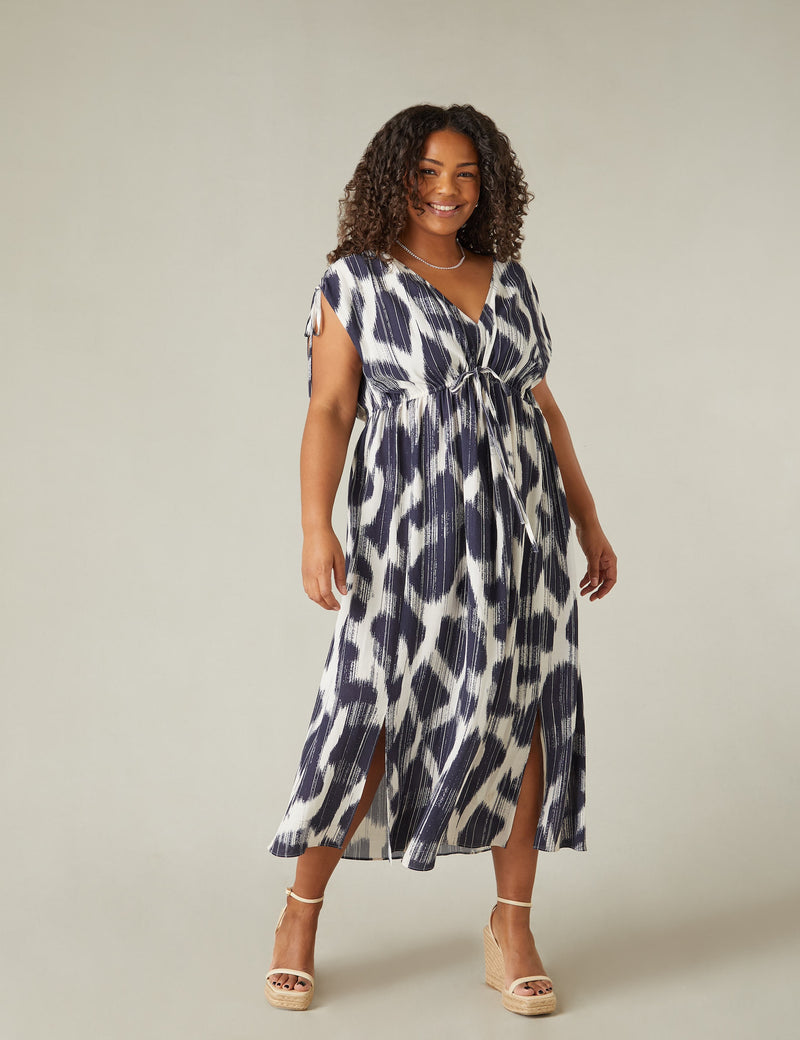 Navy Geo Print Drawstring Maxi Dress