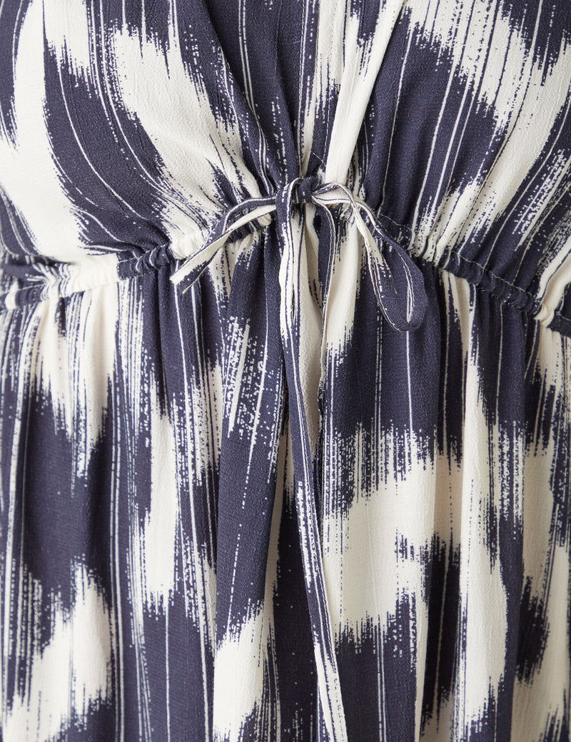 Navy Geo Print Drawstring Maxi Dress