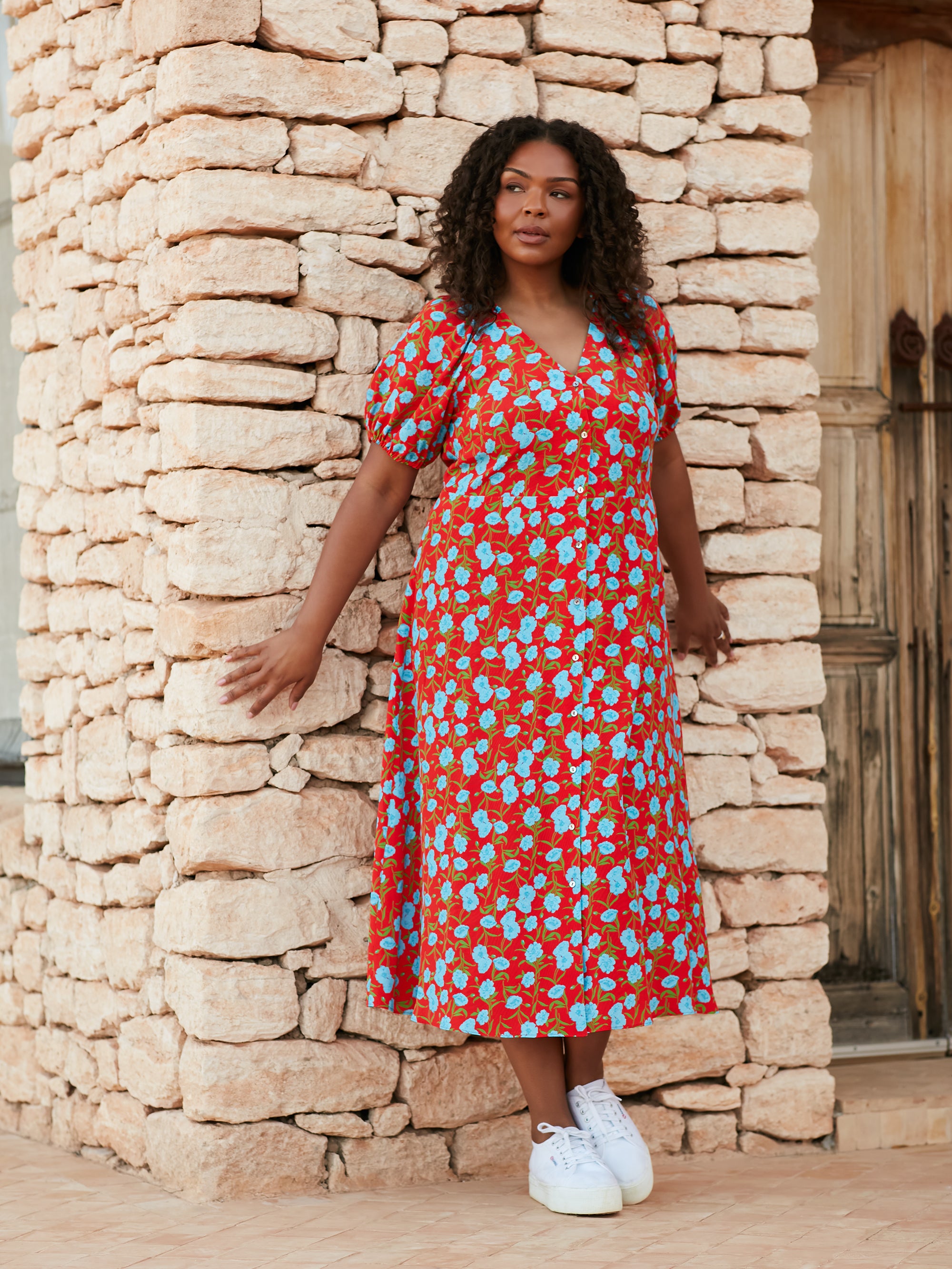 Red Floral Shirred Shoulder Midi Dress