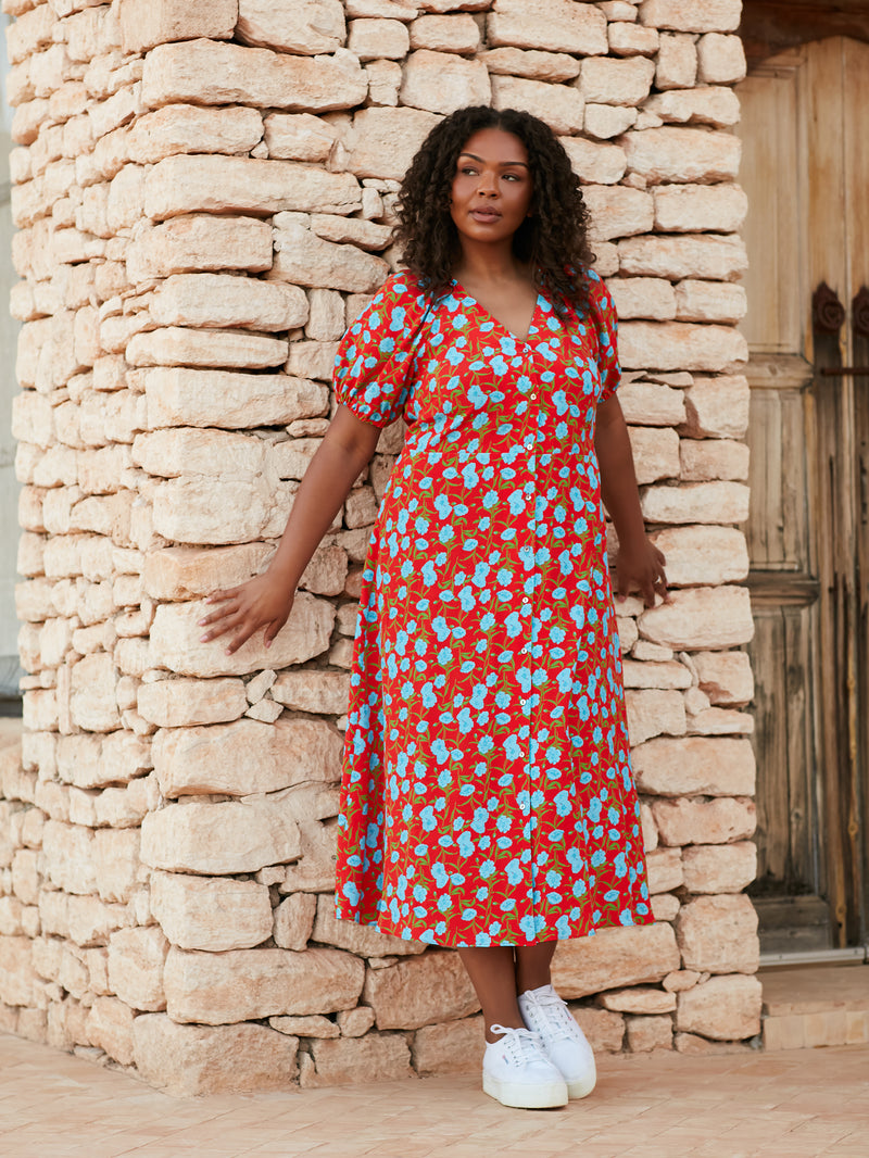 Red Floral Shirred Shoulder Midi Dress