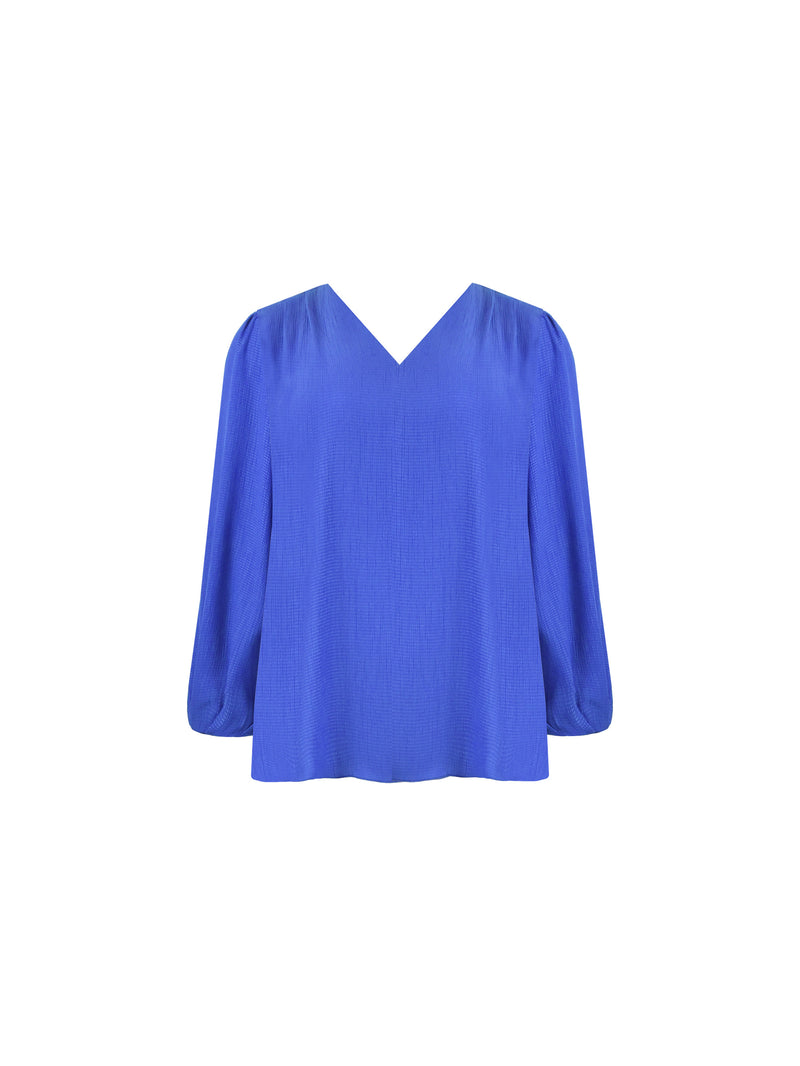 Blue Textured V-Neck Blouse