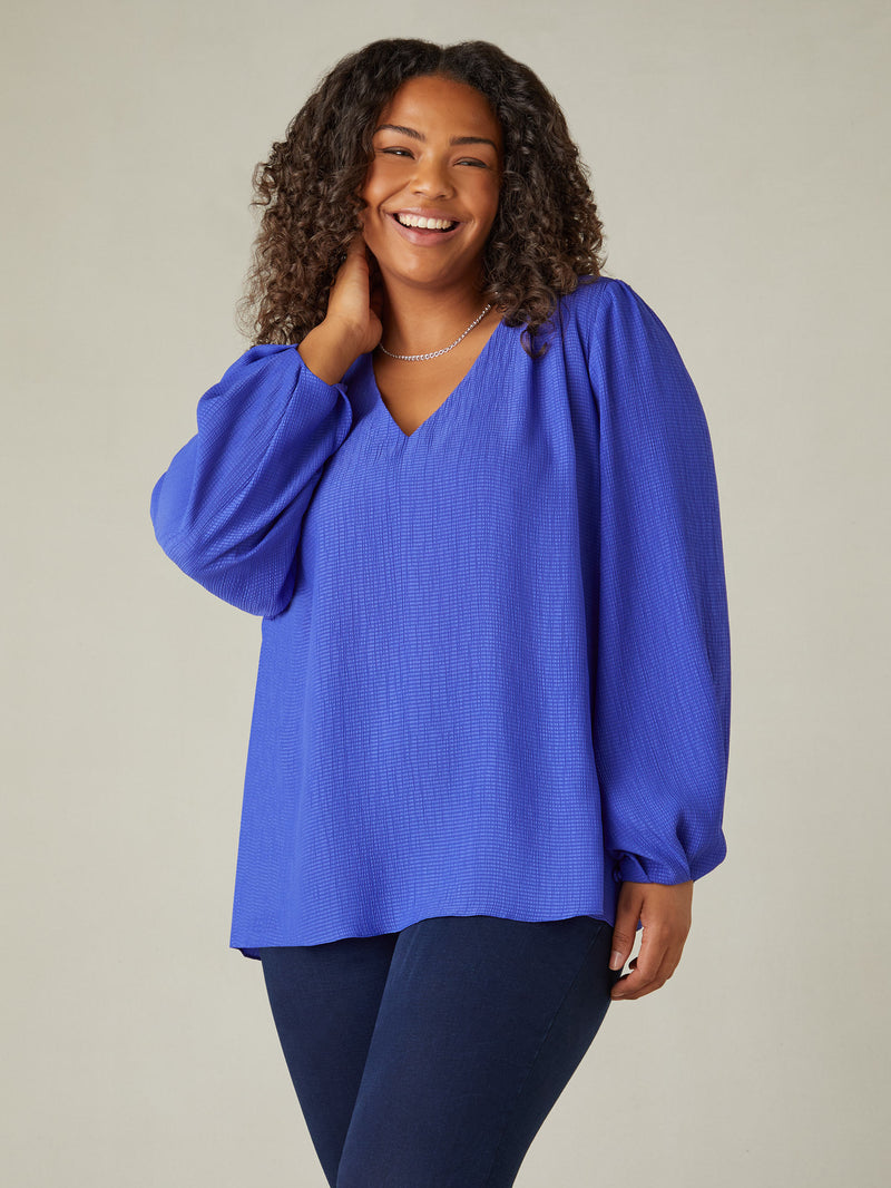 Blue Textured V-Neck Blouse