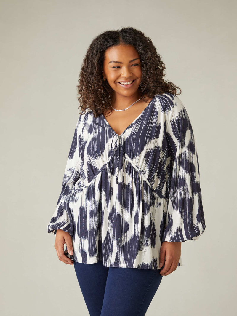 Navy Geo Print Tie Neck Blouse