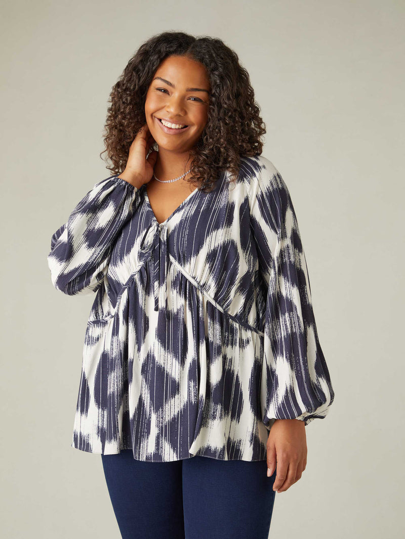 Navy Geo Print Tie Neck Blouse