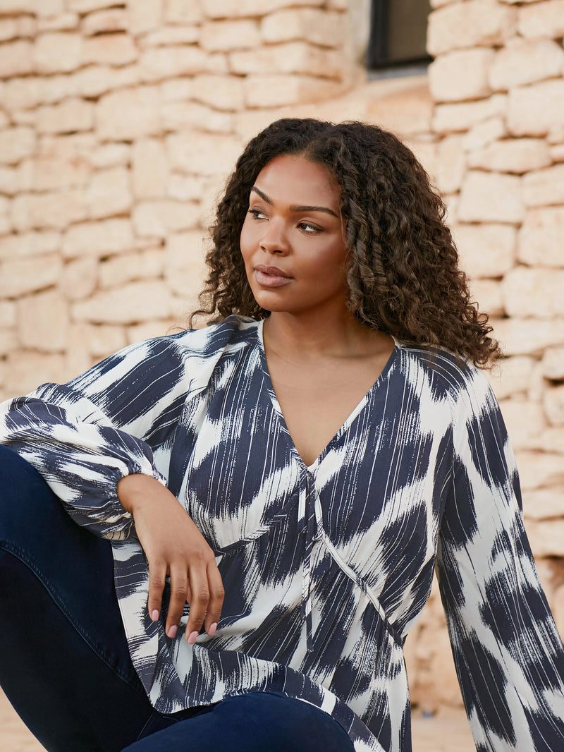 Navy Geo Print Tie Neck Blouse