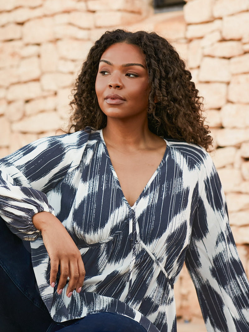 Navy Geo Print Tie Neck Blouse