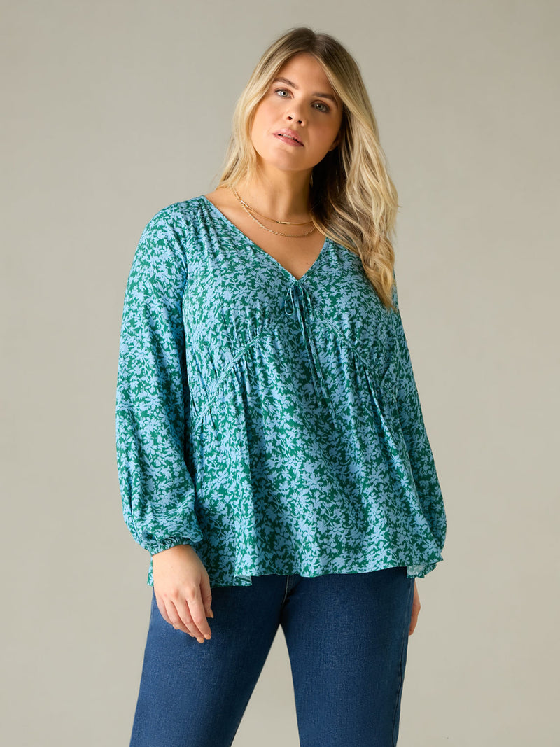Multi Ditsy Print Tie Neck Blouse