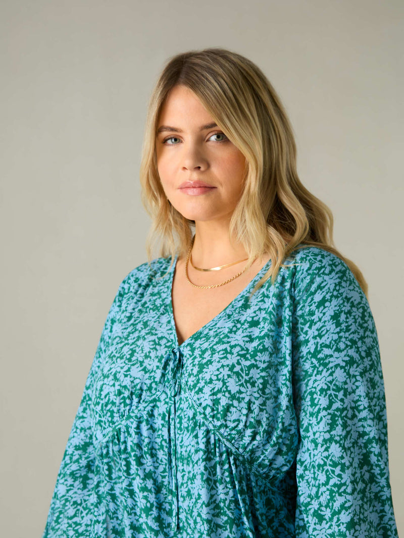 Multi Ditsy Print Tie Neck Blouse