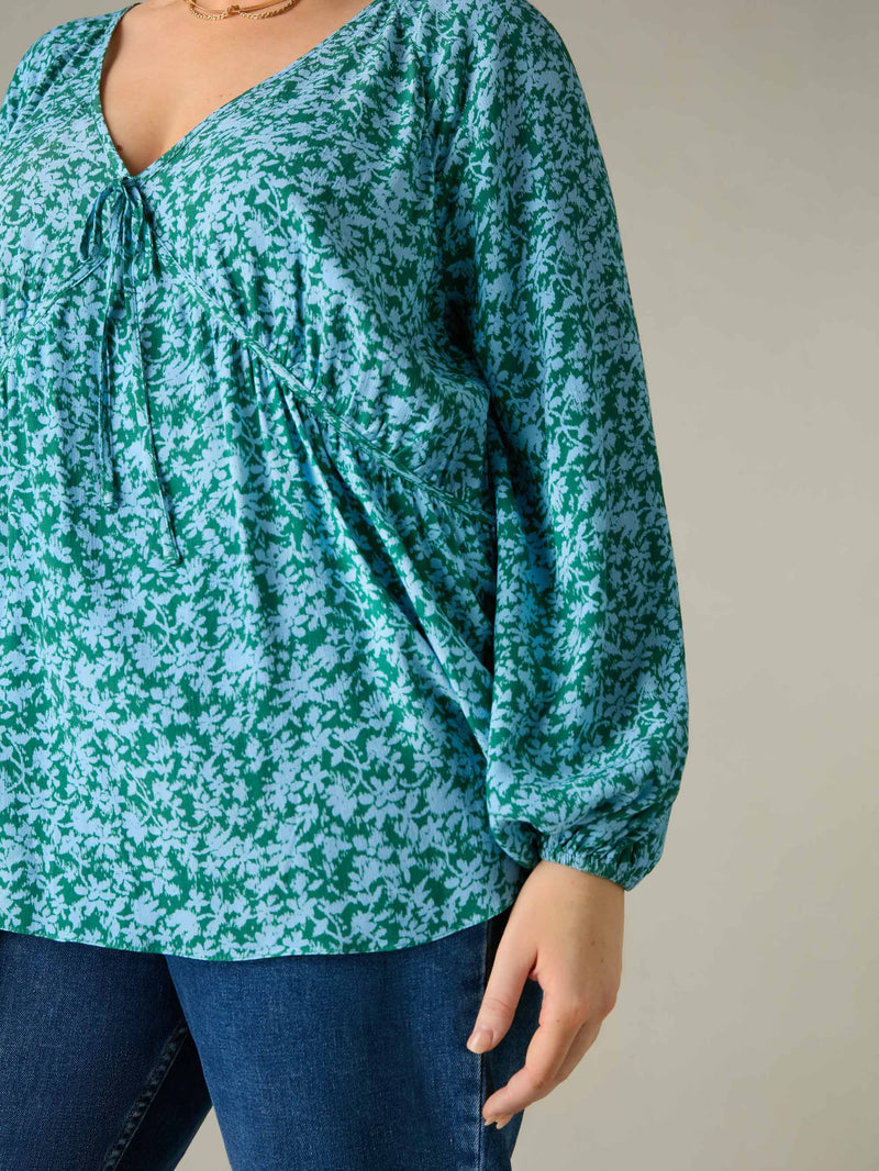 Multi Ditsy Print Tie Neck Blouse