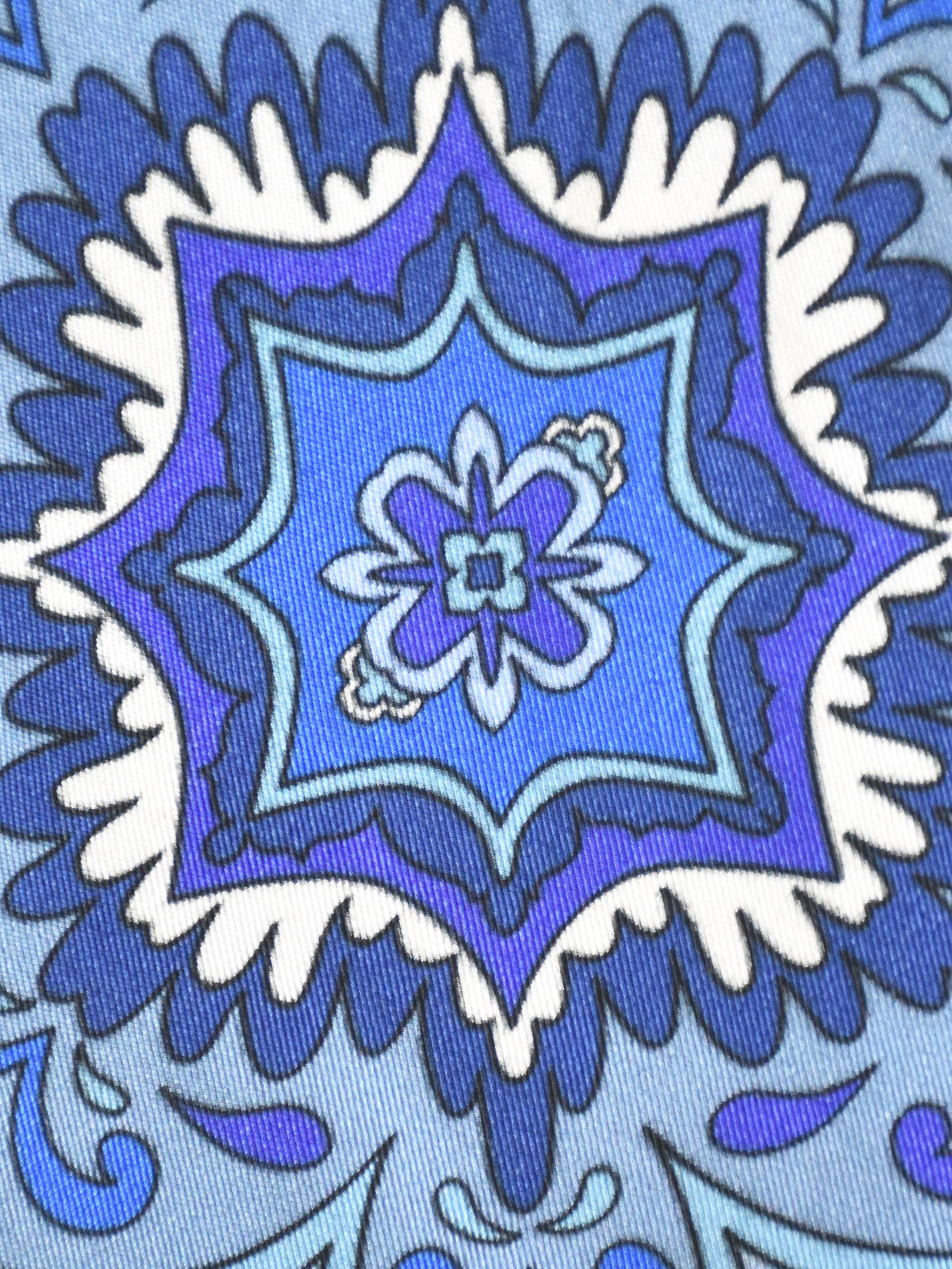 Blue Tile Print Ruffle Neck Blouse