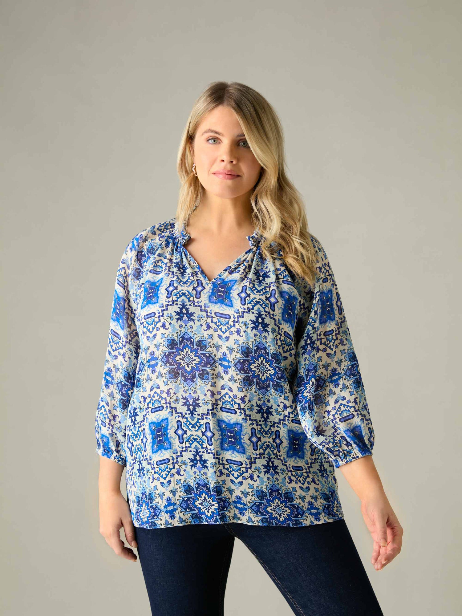 Blue Tile Print Ruffle Neck Blouse