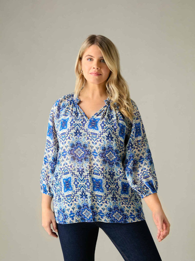 Blue Tile Print Ruffle Neck Blouse