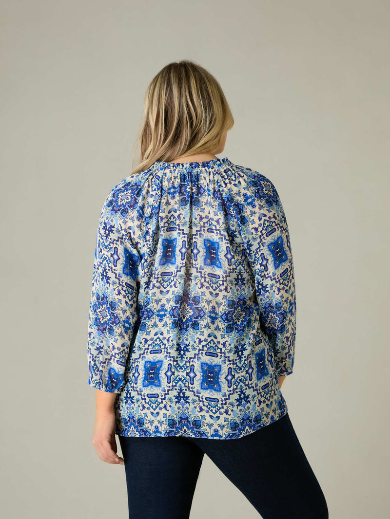 Blue Tile Print Ruffle Neck Blouse