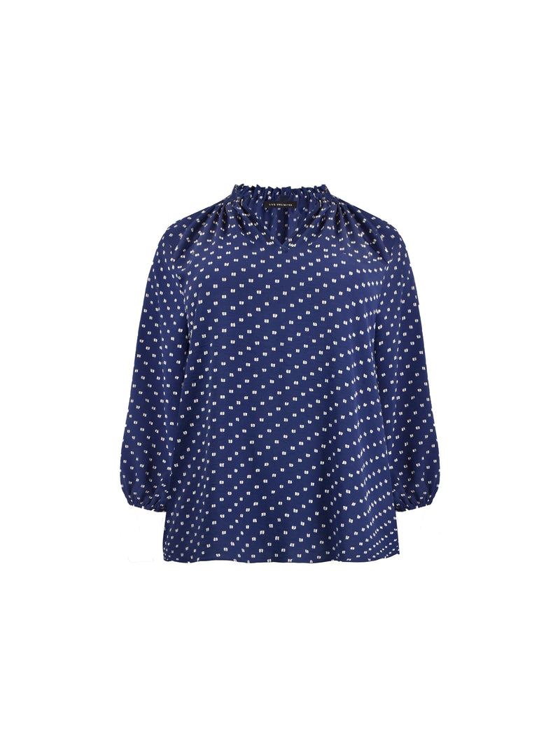 Navy Dobby Ruffle Neck Blouse