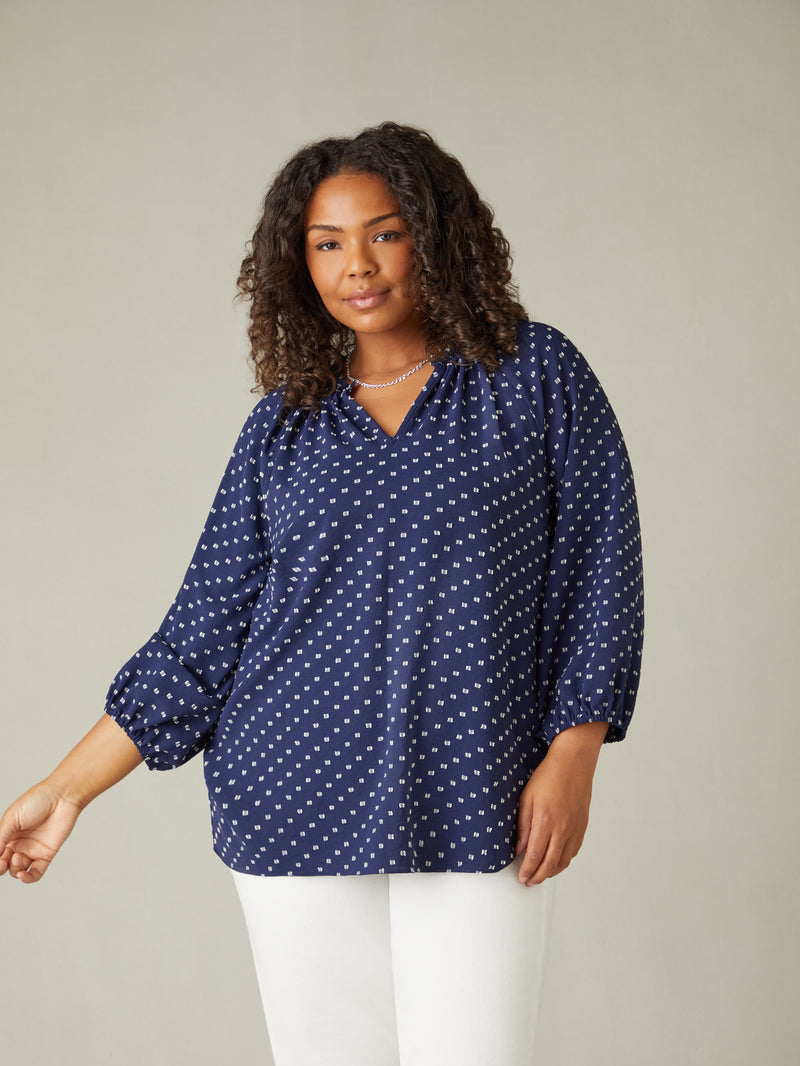 Navy Dobby Ruffle Neck Blouse