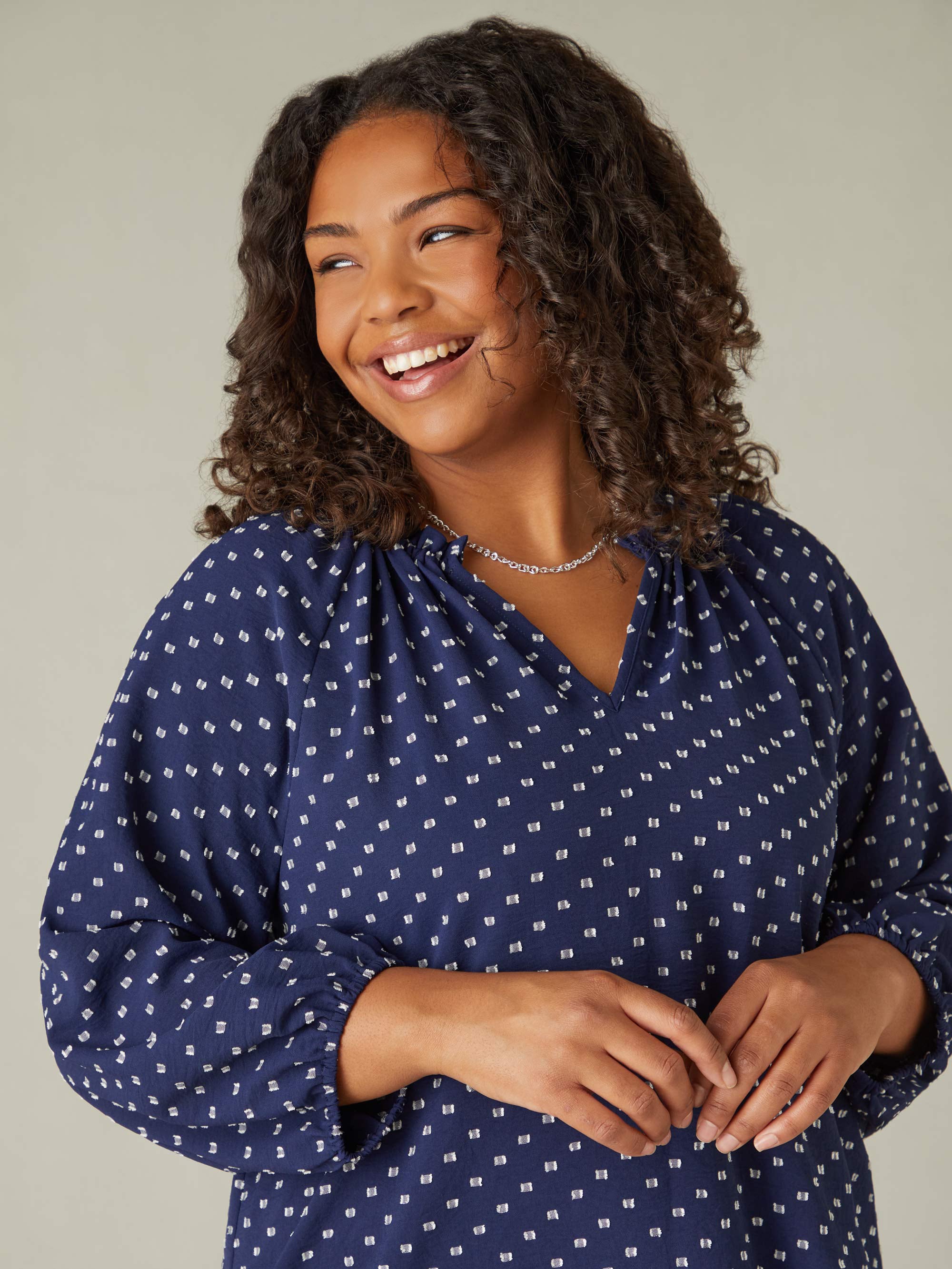 Navy Dobby Ruffle Neck Blouse