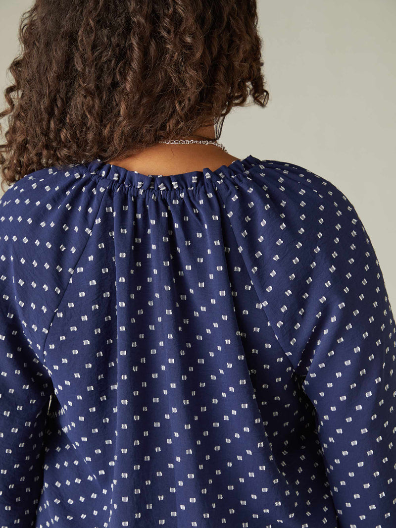 Navy Dobby Ruffle Neck Blouse