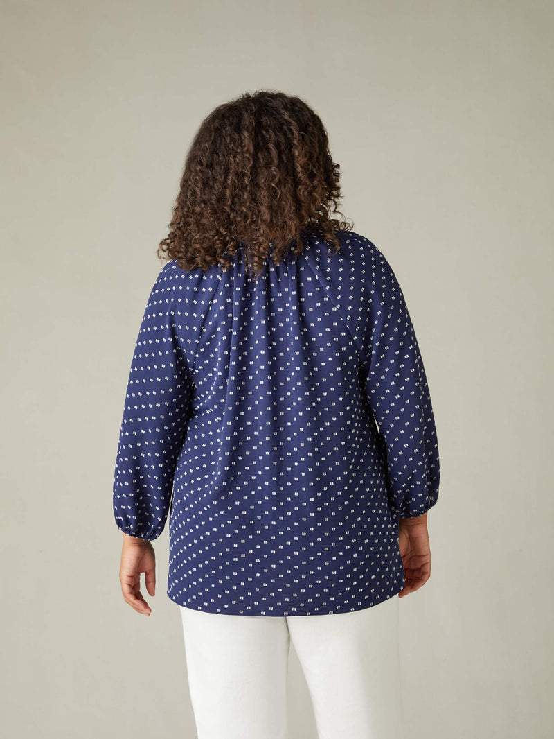 Navy Dobby Ruffle Neck Blouse