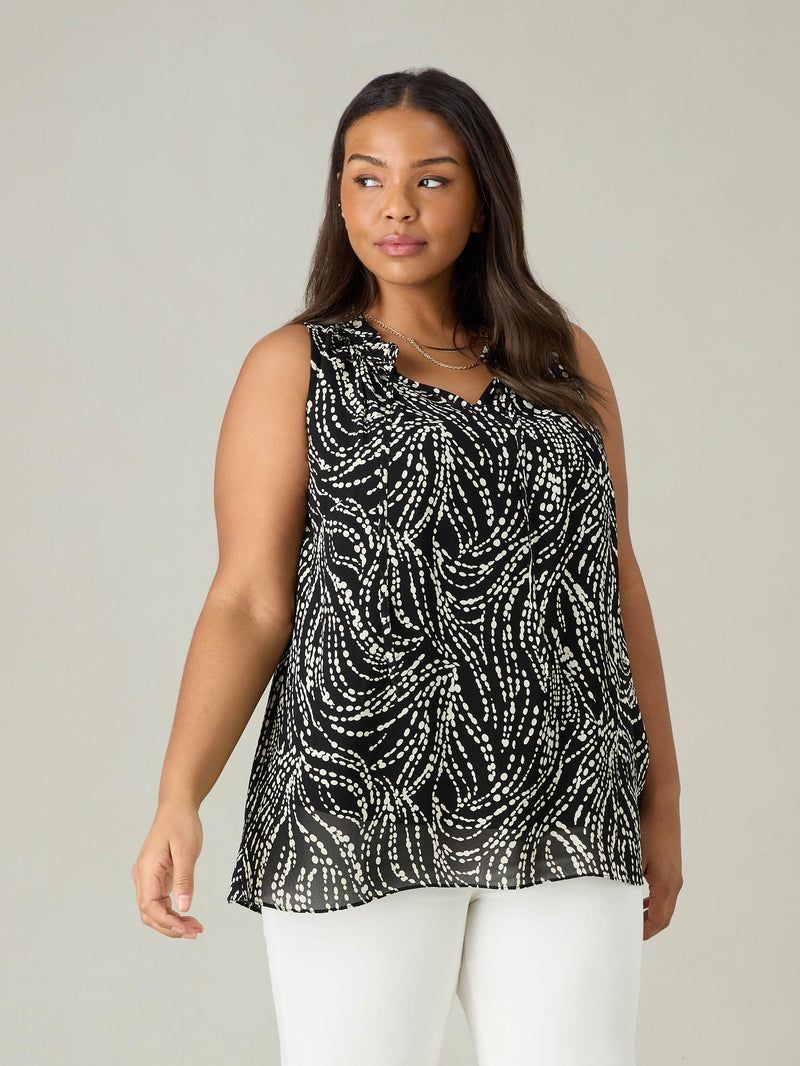 Mono Spot Print Ruffle Neck Blouse