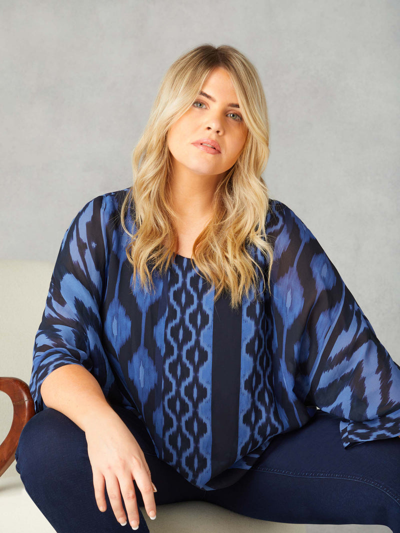 Navy Ikat Print Layered Top