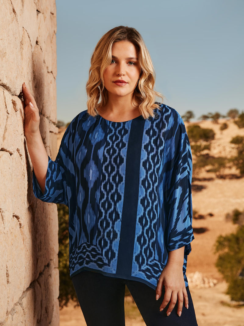 Navy Ikat Print Layered Top