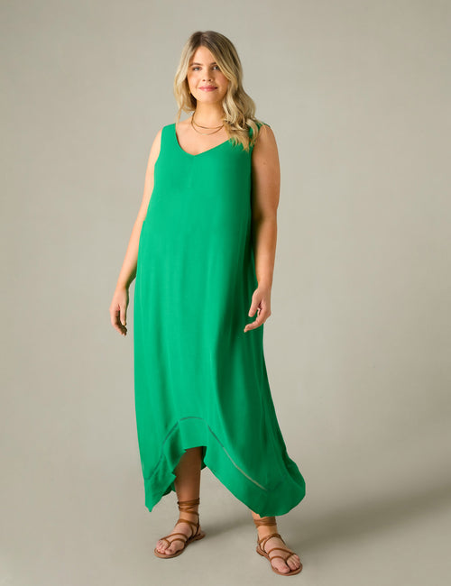 Green Ladder Trim Hanky Hem Midi Dress