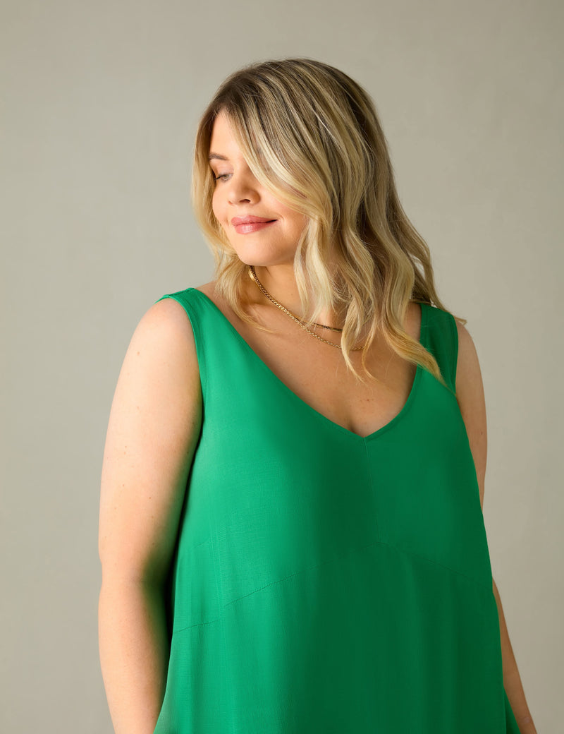 Green Ladder Trim Hanky Hem Midi Dress