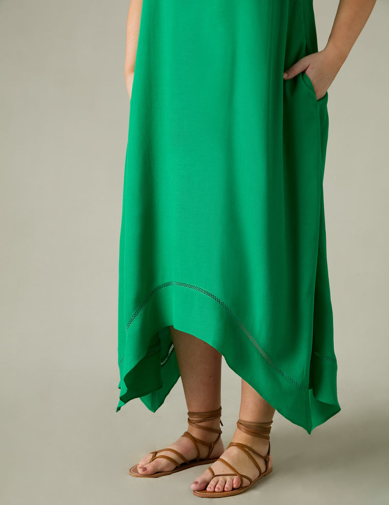 Green Ladder Trim Hanky Hem Midi Dress