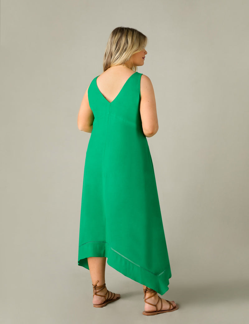 Green Ladder Trim Hanky Hem Midi Dress