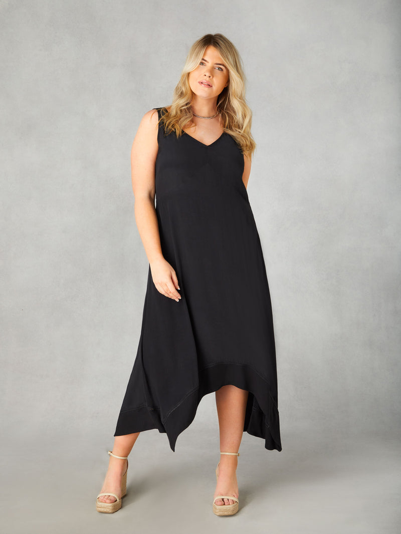 Black Ladder Trim Hanky Hem Midi Dress