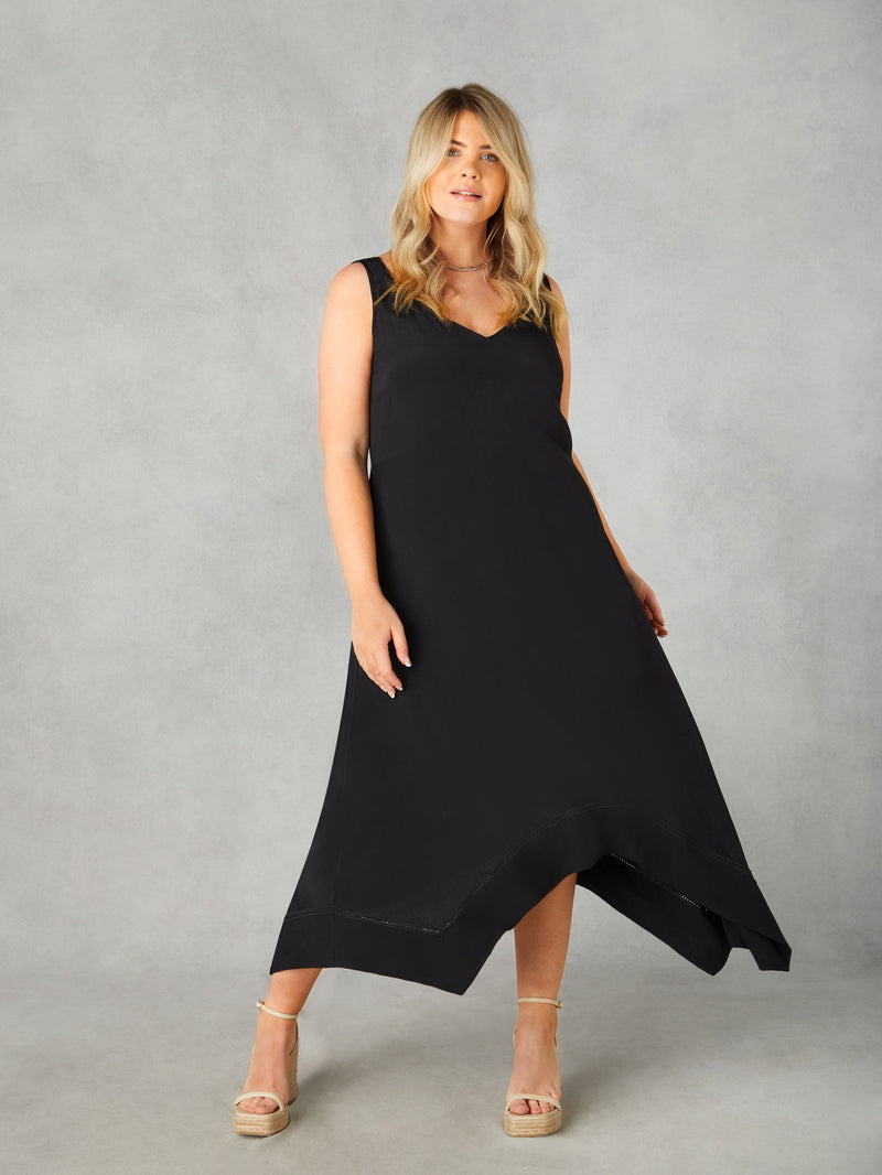 Black Ladder Trim Hanky Hem Midi Dress