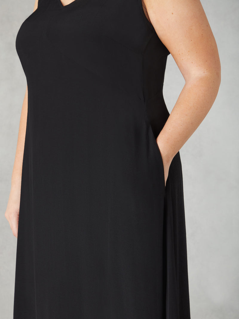 Black Ladder Trim Hanky Hem Midi Dress