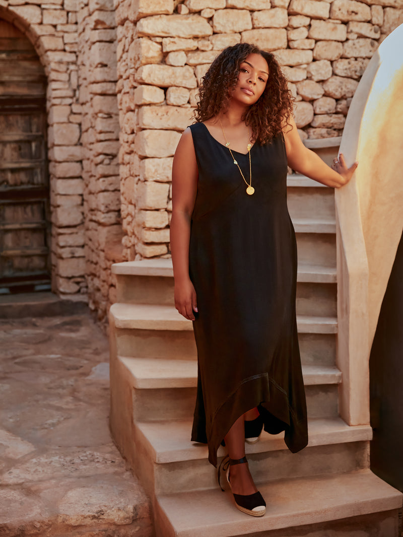 Black Ladder Trim Hanky Hem Midi Dress