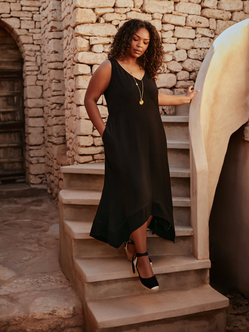 Black Ladder Trim Hanky Hem Midi Dress