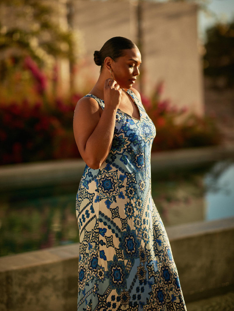 Blue Tile Print Bias Slip Dress