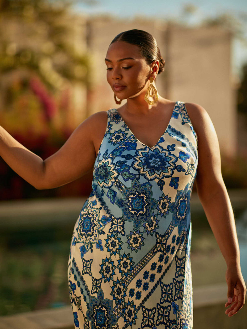 Blue Tile Print Bias Slip Dress