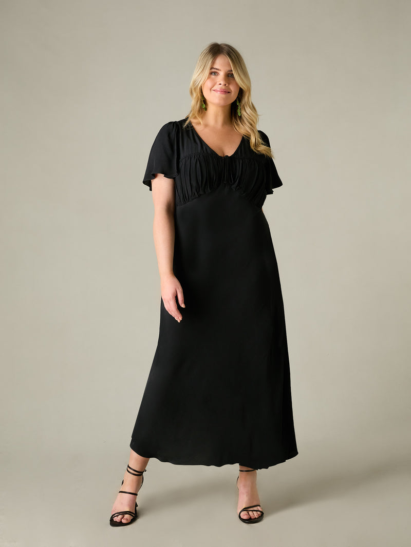 Black Ruched Front Maxi Dress