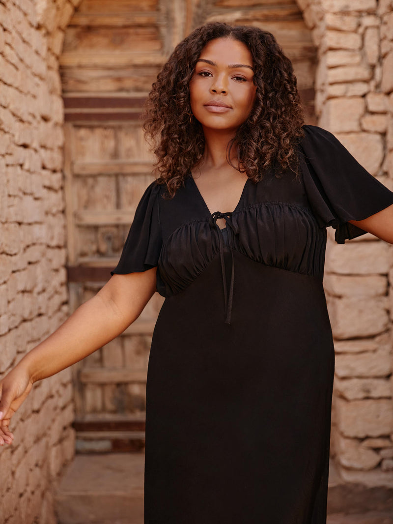 Black Ruched Front Maxi Dress