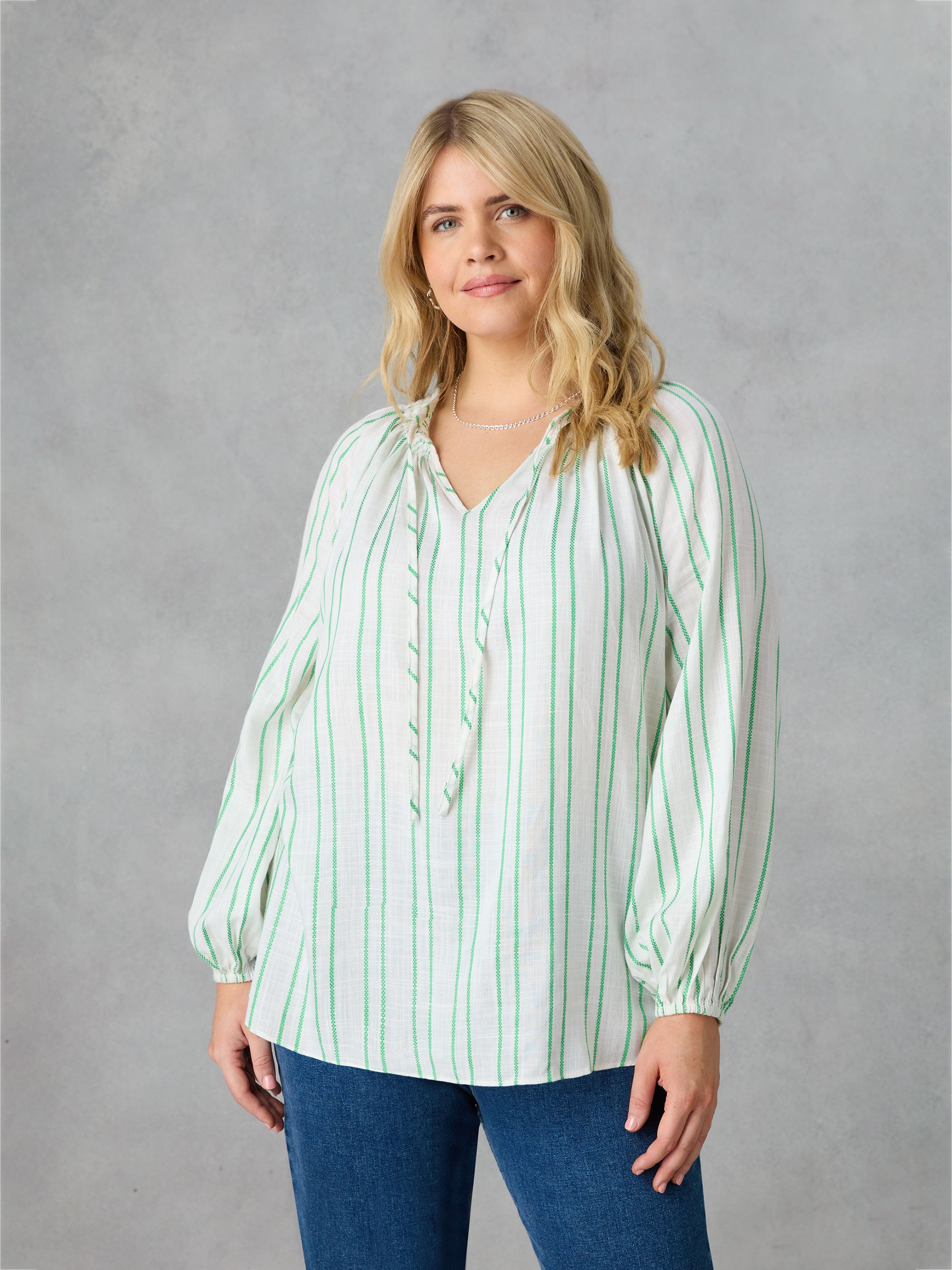 Green Stripe Shirred Neck Blouse