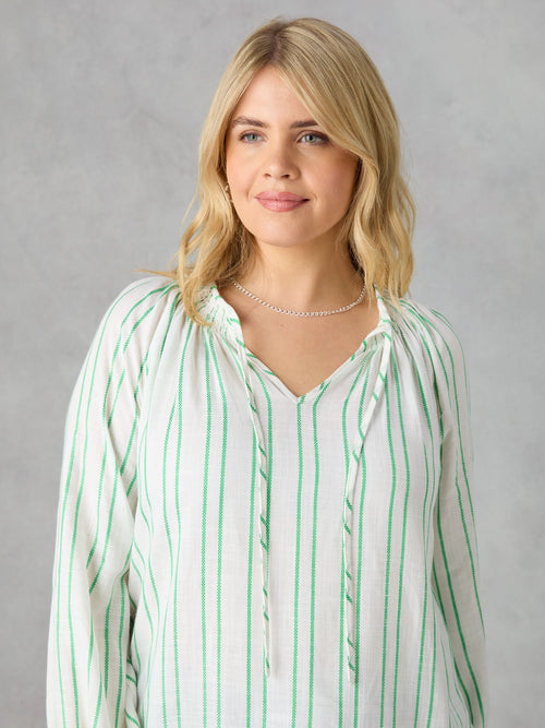 Green Stripe Shirred Neck Blouse