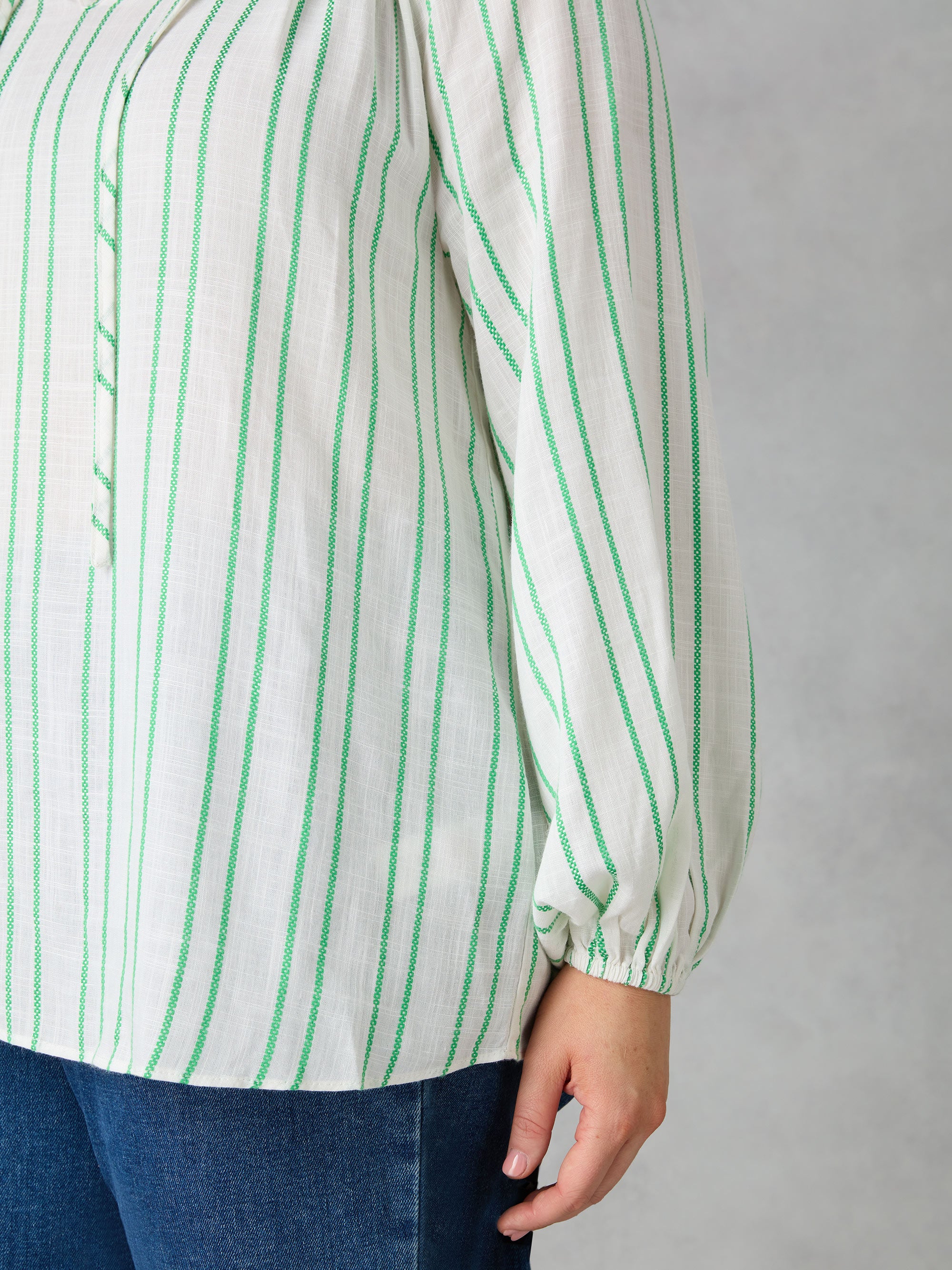 Green Stripe Shirred Neck Blouse