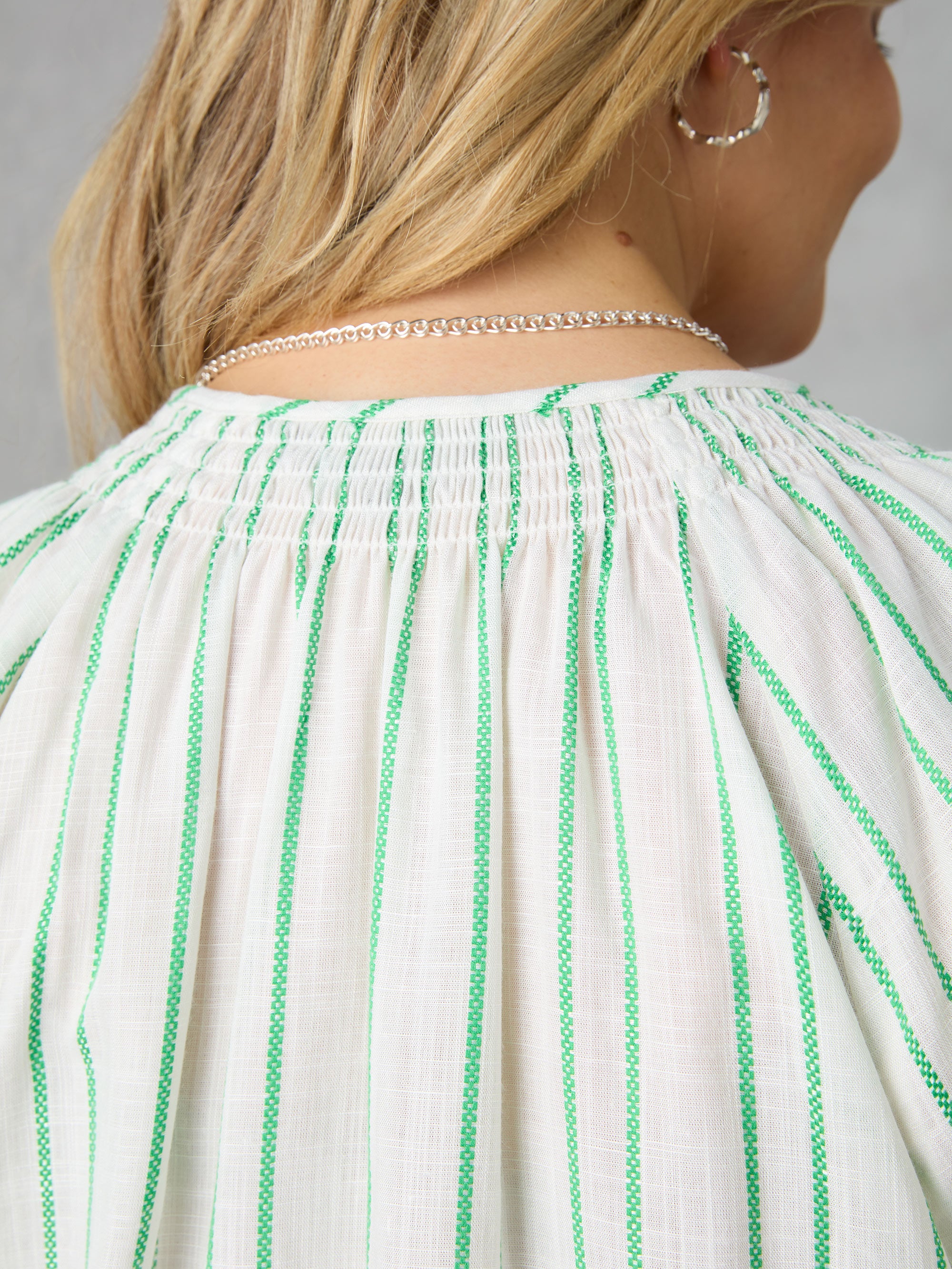 Green Stripe Shirred Neck Blouse