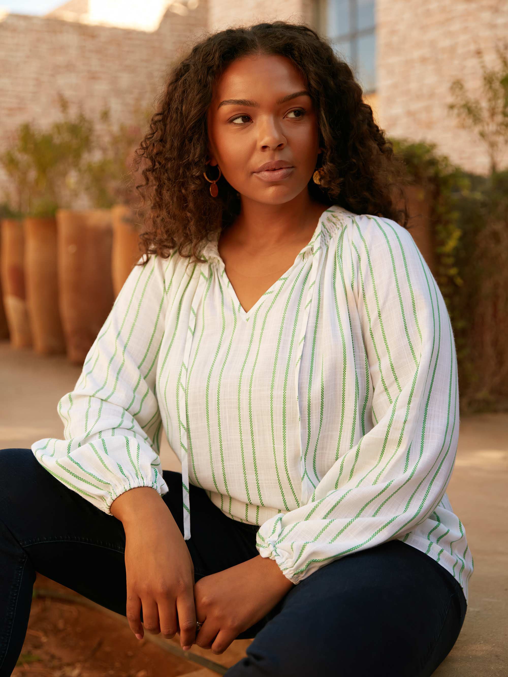 Green Stripe Shirred Neck Blouse