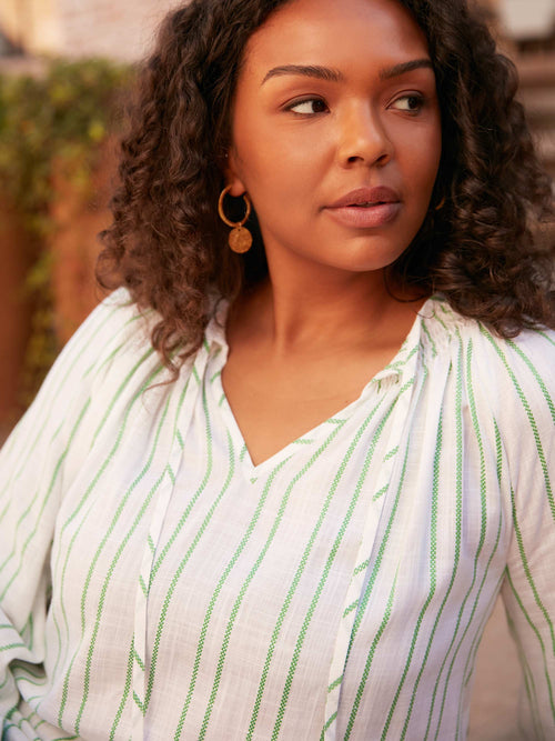 Green Stripe Shirred Neck Blouse