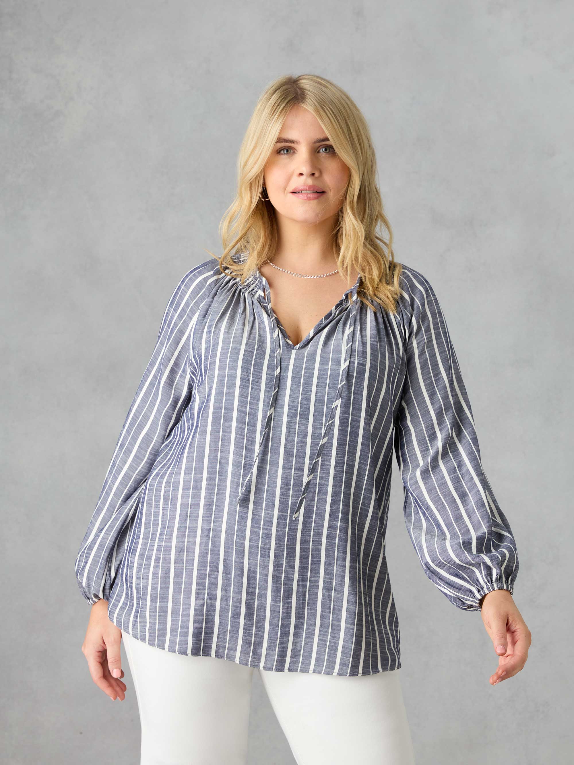 Denim Stripe Shirred Boho Blouse