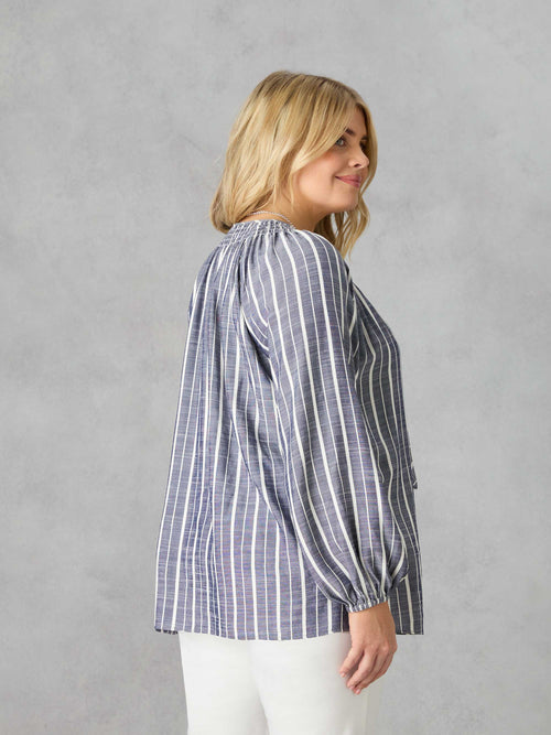 Denim Stripe Shirred Boho Blouse