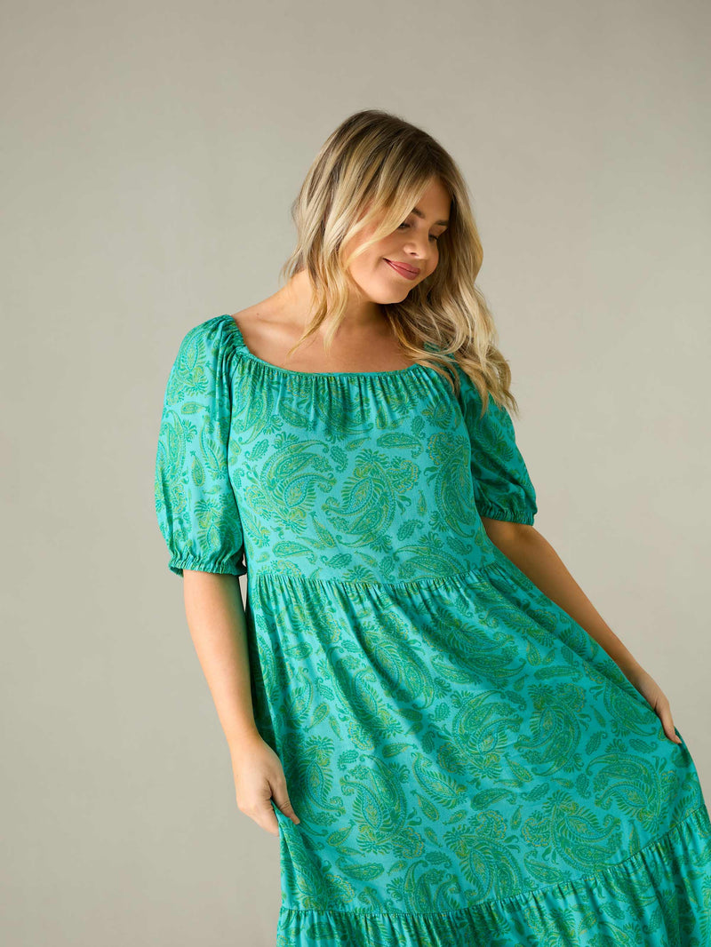 Petite Green Paisley Puff Sleeve Maxi Dress